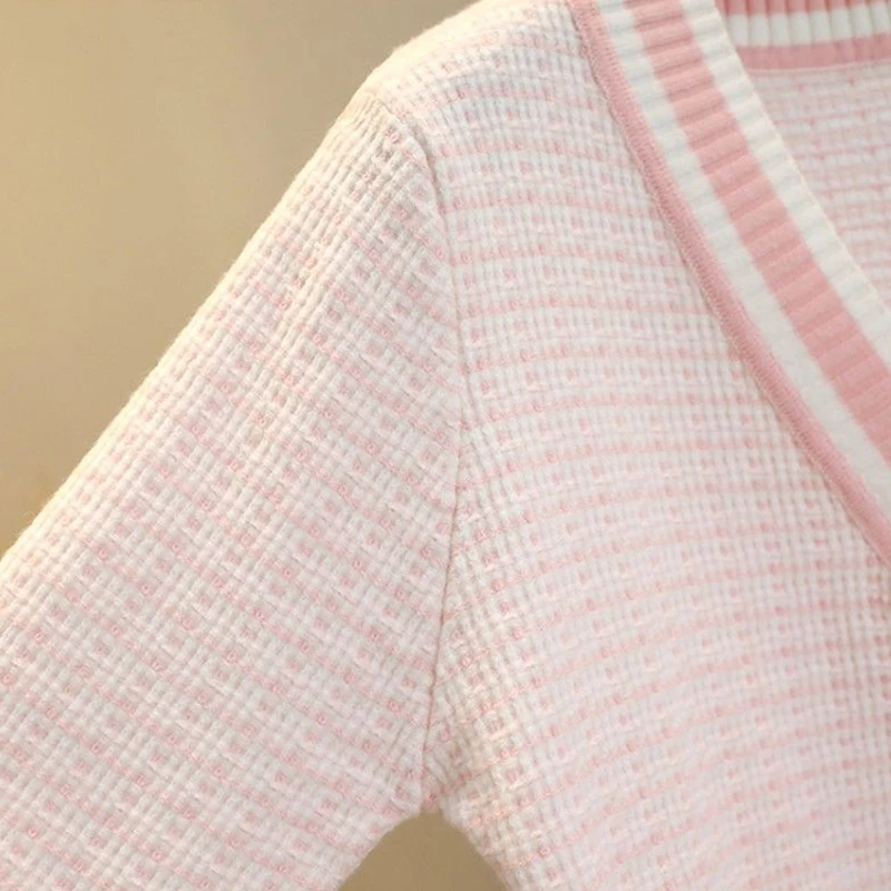 Autumn Winter Plaid Knitted Pink Cardigan Small Fragrance Sweater Women V-neck Long Sleeve Pockets Button Korean Fashion Jackets