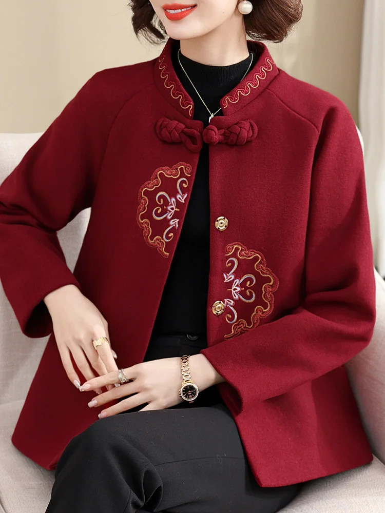 

Красное шерстяное пальто для женщин среднего возраста: модная утепленная верхняя одежда для свадебных торжеств, осенне-зимняя женская одежда