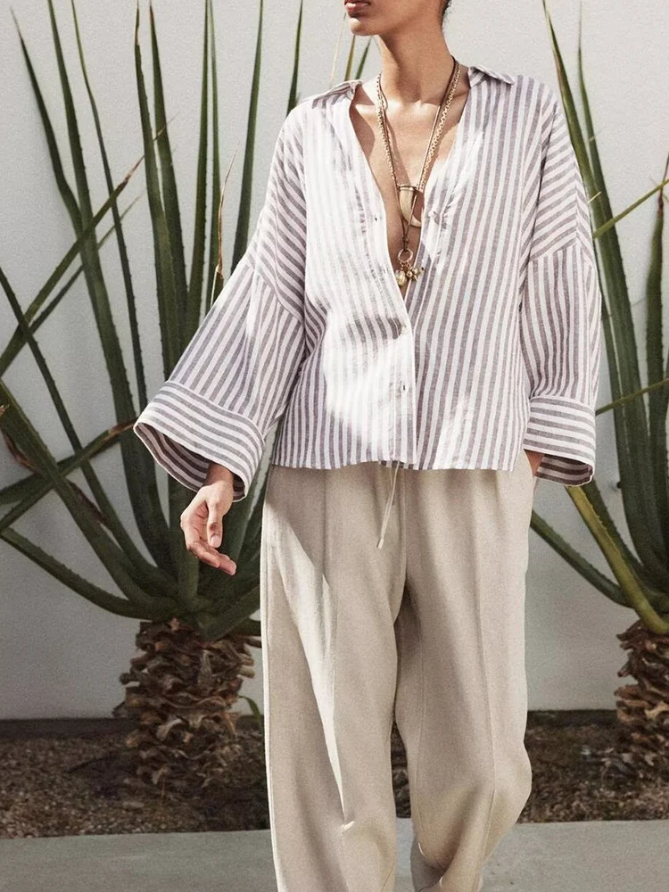 

European and American style autumn new fashion casual simple women's loose versatile casual linen blend wide sleeve shirt