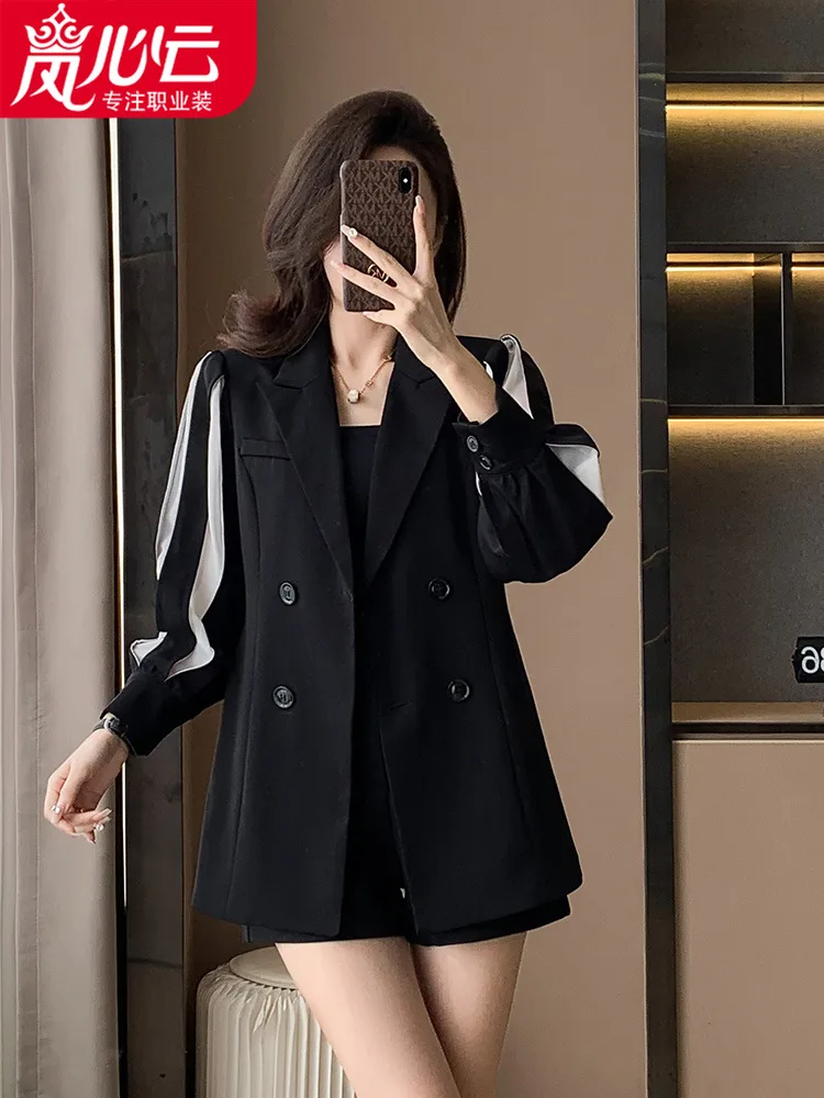 

Women's Black Suit Jacket with Lantern Sleeves2024New Early Spring High-Grade Fried Street plus Size Casual Small Suit Coat