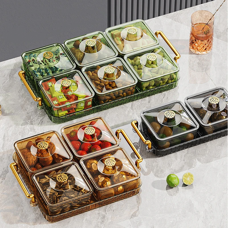 2/4/6 Grid Acrylic Snack Platter With Lid Fruit Plate Partition Platter Living Room New Year Dried Fruit Tray Candy Storage Box