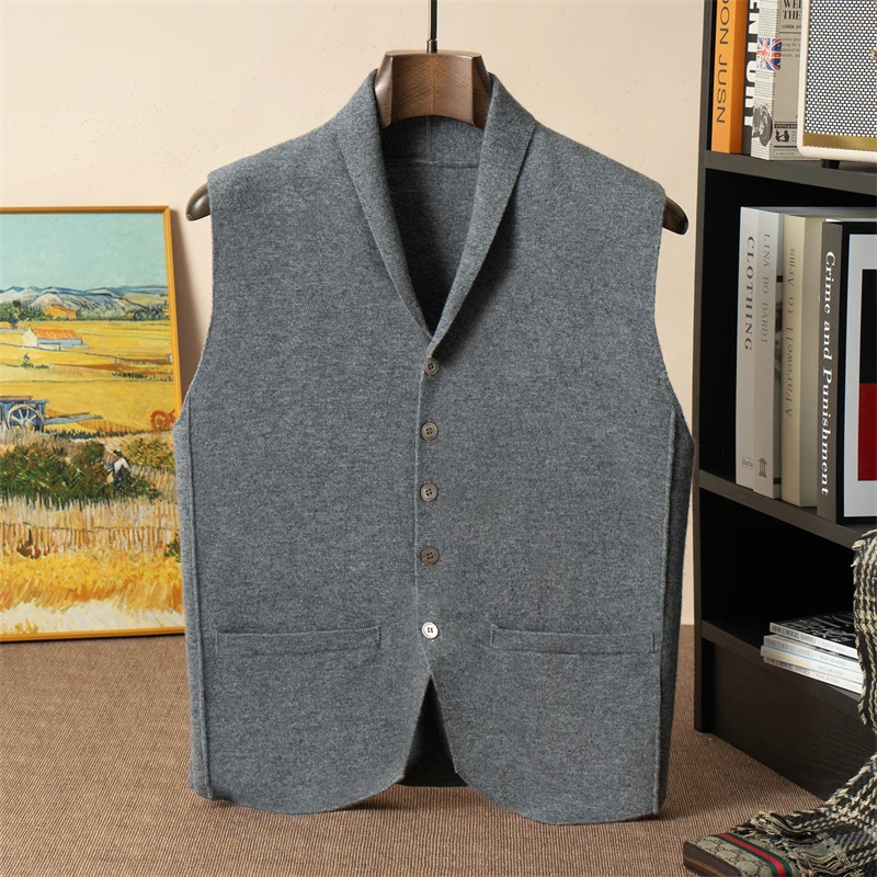 Autumn&Winter 100% Cashmere Sleeveless V-neck Cardigan Men's Olive Neck Knitted Cardigan Warm Business Casual Jacket Jacket