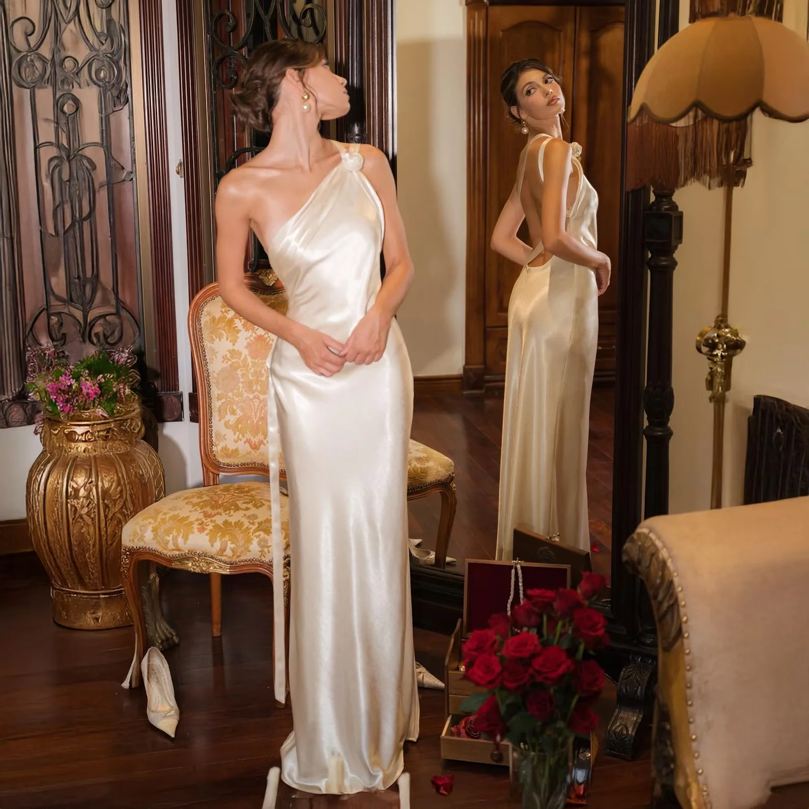 

Customized Sexy One Shoulder Dress Pearl White Wedding Dress Long Satin Minimalist Bridesmaid Dress Elegant Formal Bridal Dress