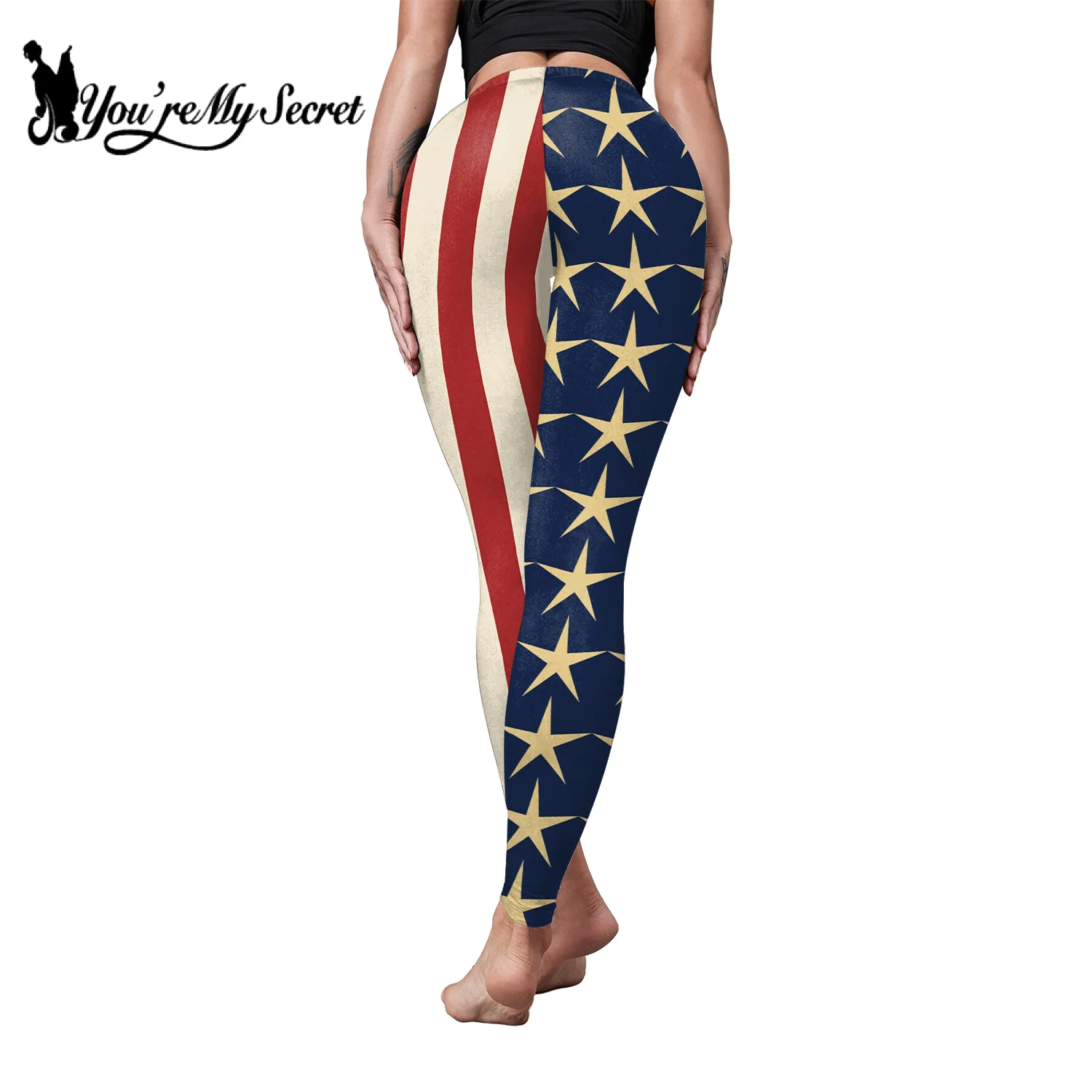 [You\'re My Secret] Women High Elastic Leggings Tights Sexy Pencil Pants Slim Trousers Female Flag Stripe Star Print Leggings