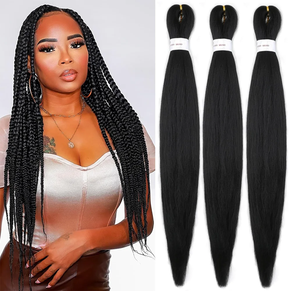 

26 inch Prestretched Knotless Kanekalon Hair Long Straight Synthetic Box Braids Yaki Texture Hot Water Setting Hair Extensions