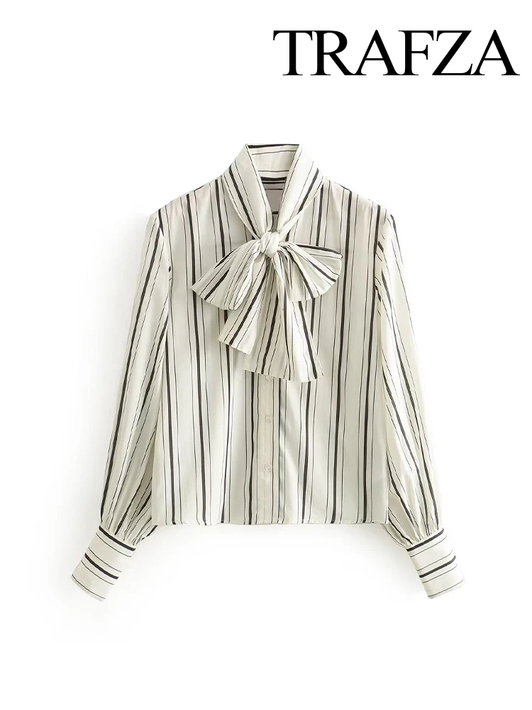 

TRAFZA Female Casual Loose Shirts Stripe Stand Collar Long Sleeves Bow Decoration Single Breasted Women's Spring Fashion Blouse