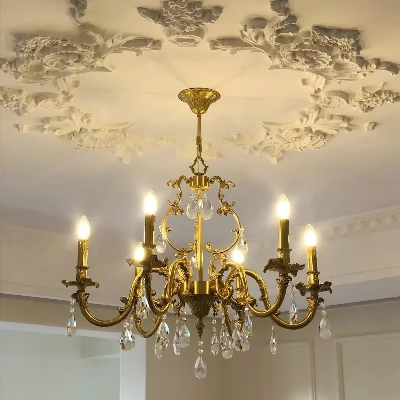 Elegant French Brass Crystal Candle Pendant Lights LED for Living Room Bedroom Restaurant Chic Hanging Chandelier
