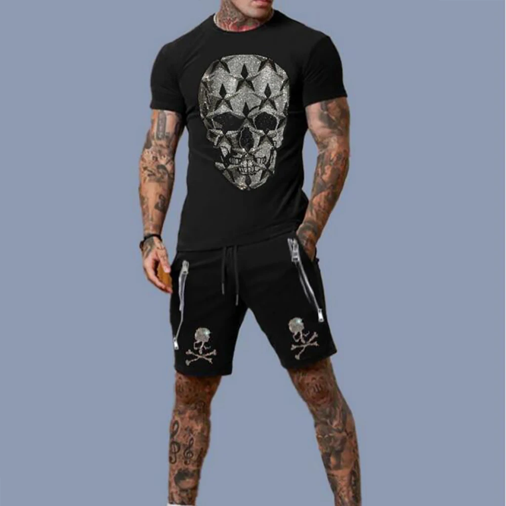 

Men's Fashion Suit Summer Short Sleeved T-shirt Five Minute Shorts Pants Set Rhinestone Skull Head Hip Hop Street Style Clothing