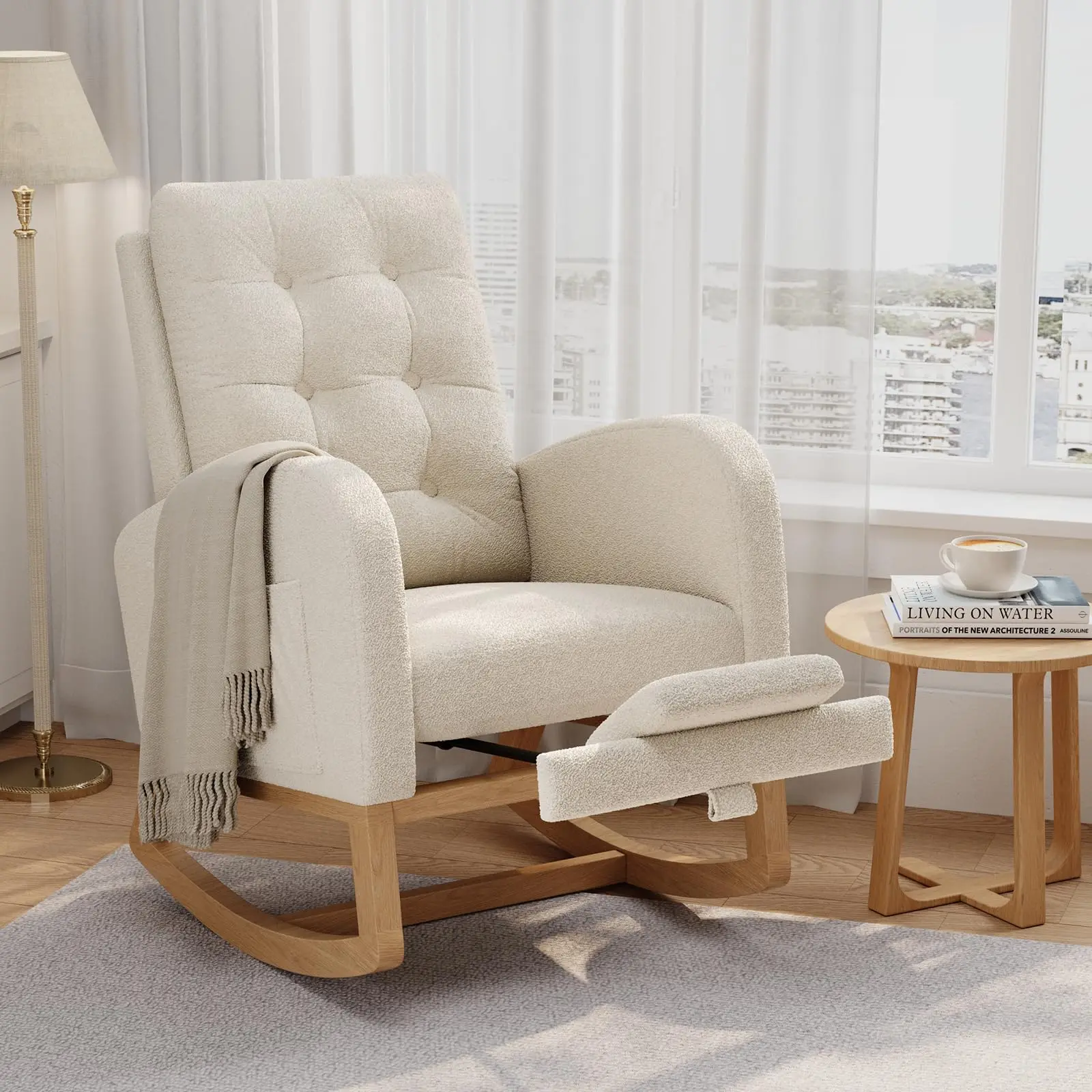 Modern Nursery Rocking Chair, Upholstered Glider Rocker with Side Pocket & Wooden Legs, Comfy Rocker Armchair for Living Room, Bedroom