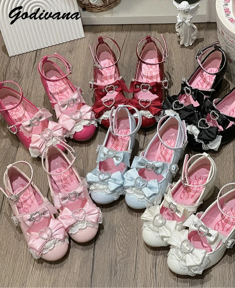 

Original Sweet Bow Hollow Out High Heels Pumps Japanese Girl Women's Flower Wedding Lolita Mary Jane Leather Shoes