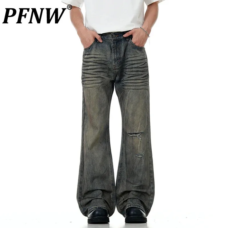 

PFNW American Striped Hole Design Male Trendy Jeans High Street Worn-out Washed Men Loose Fit Boot Cut Pants Autumn New 28W4270