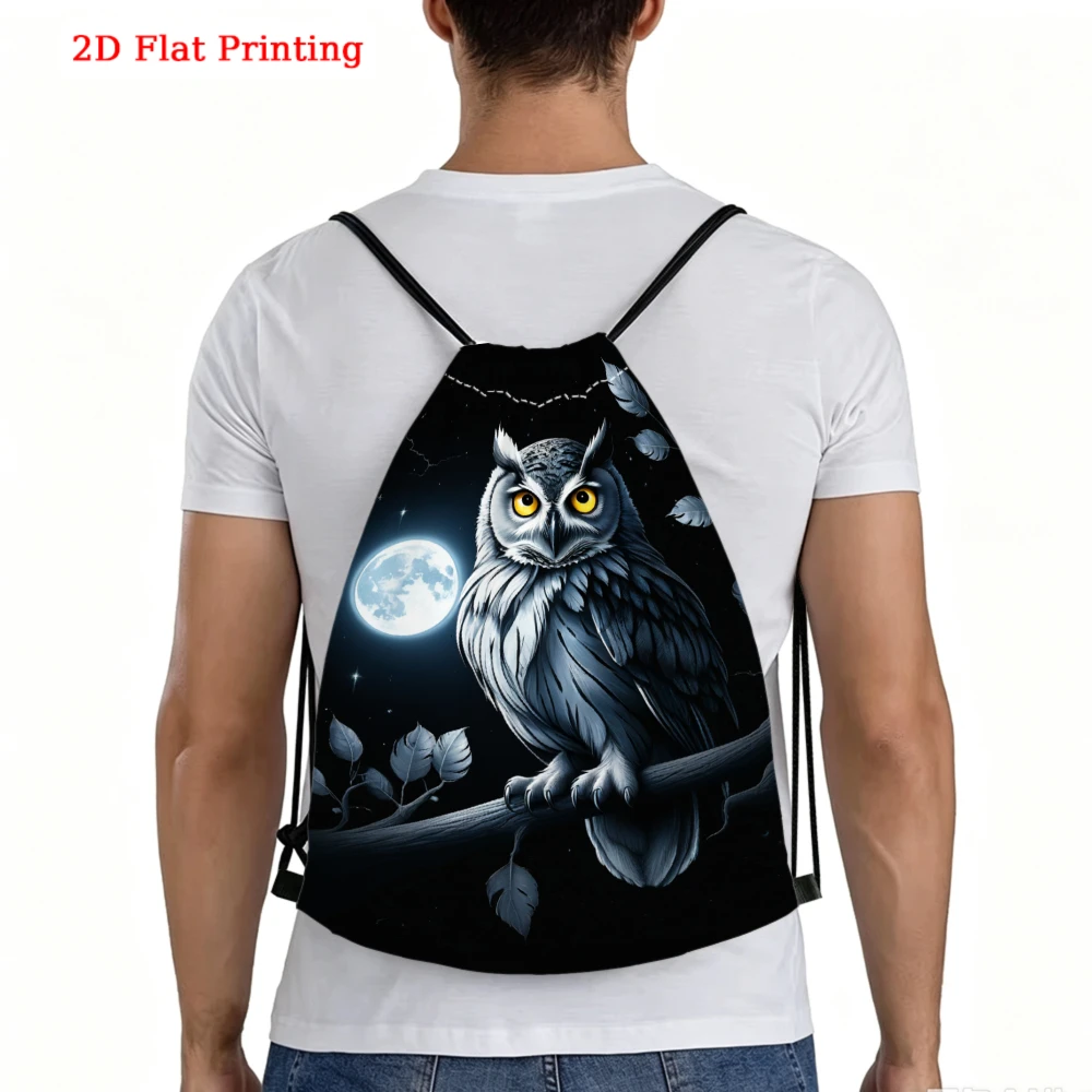 2D Flat Printing, Drawstring Backpack, Owl Moon Night Pattern, Gym Sports Bag, Outdoor Travel Drawstring Pack