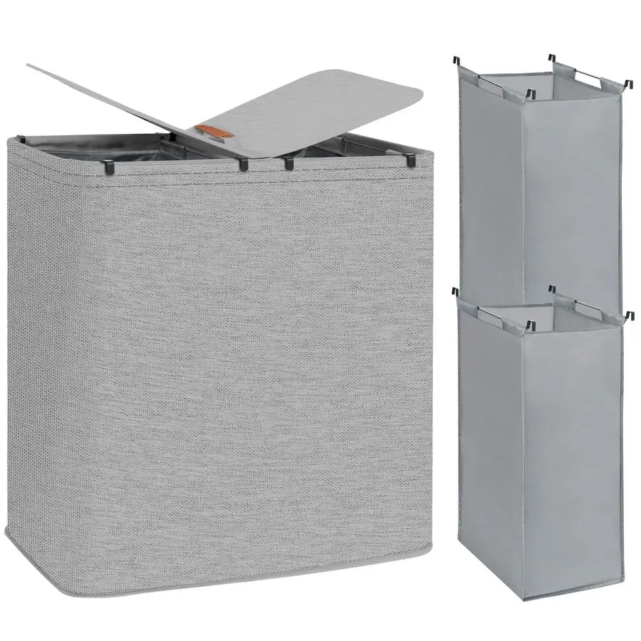 

Двойная корзина для белья, сортировщик белья объемом 136 л с крышкой и съемными сумками, корзина для одежды, большая 2-секционная корзина для одежды с рукой