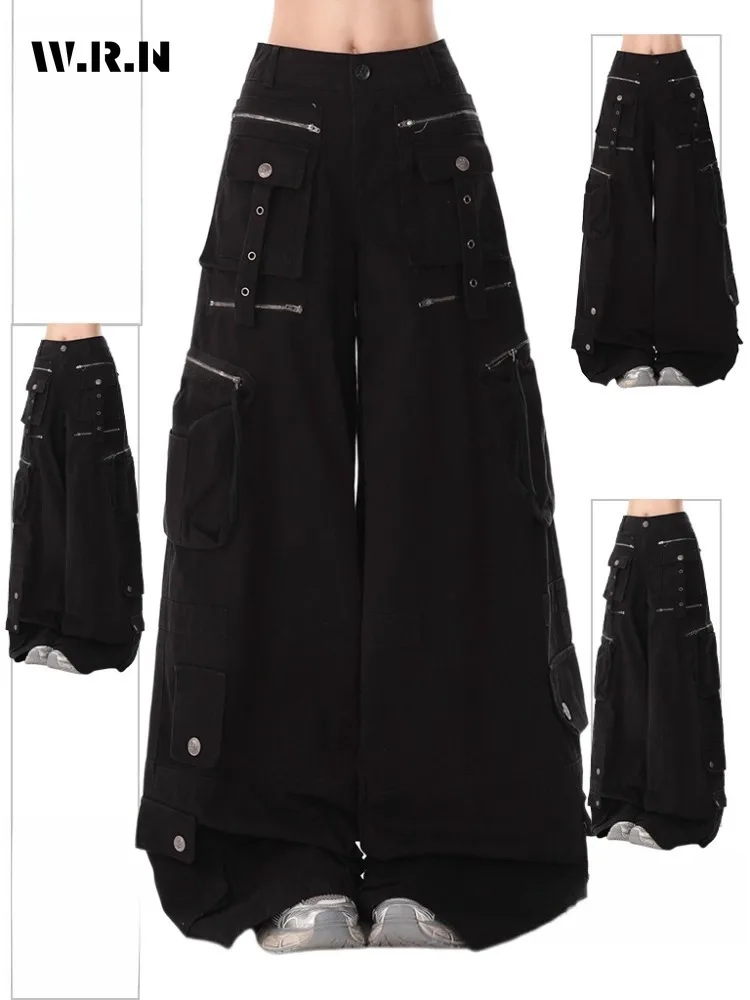 

Черные джинсы большого размера в стиле ретро, женские повседневные мешковатые брюки с карманами Y2K, брюки с высокой талией, широкие брюки 2000-х годов, уличные джинсовые брюки в стиле гранж