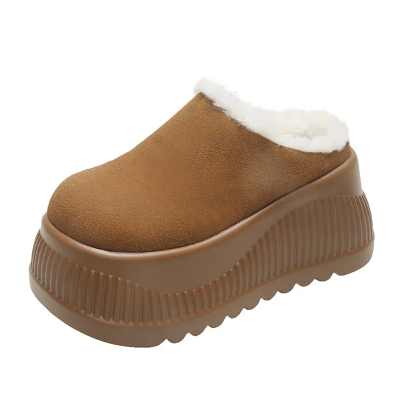 NEW Women Platform Fur Slippers Suede Mules Shoes Winter Trend Casual Snow Boots Short Plush Warm Cotton Shoes 10CM High Heels