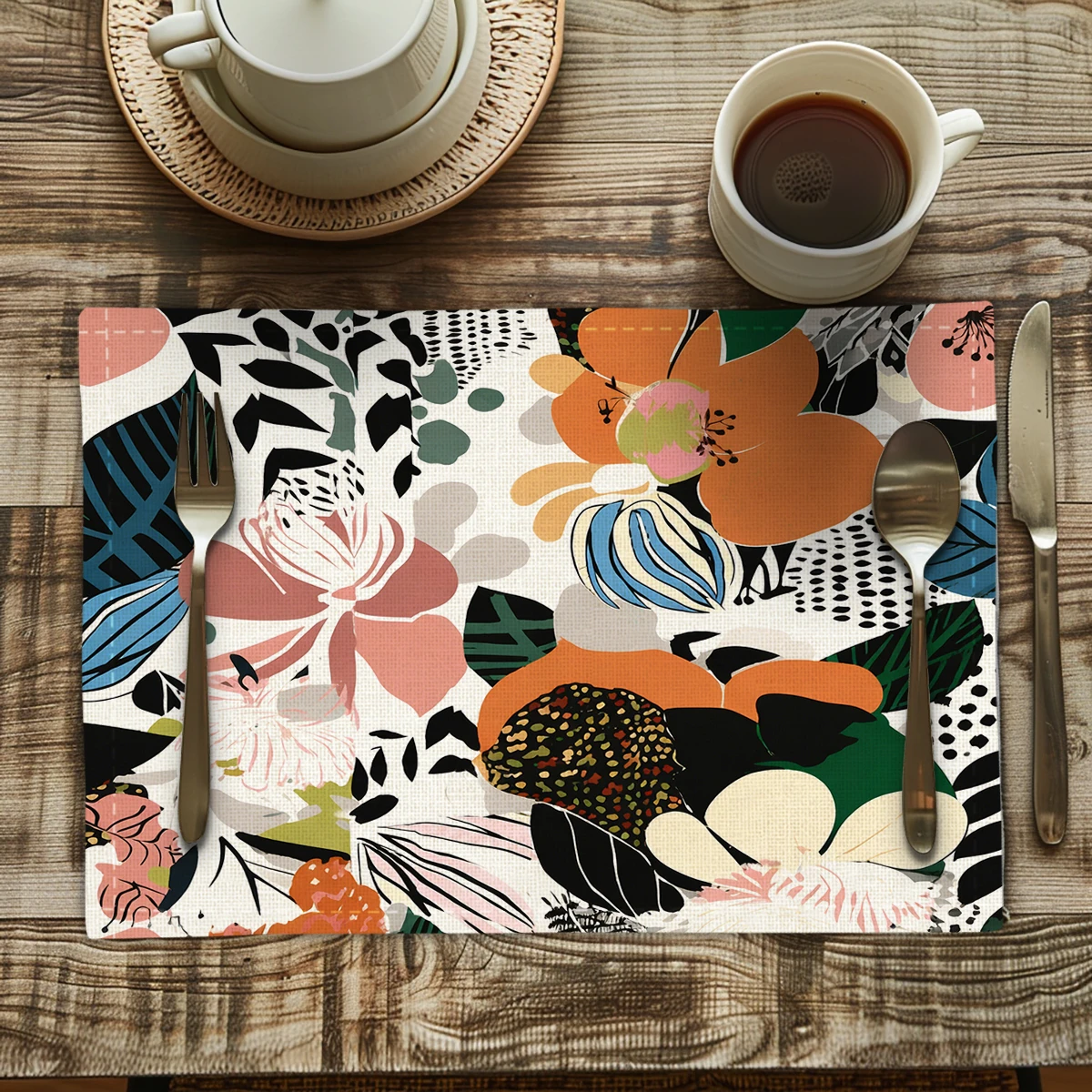 Cute Floral Cat Pattern Polyester Placemats & Coasters - Lovely Table Decor for Home, Kitchen and Dining Scenes
