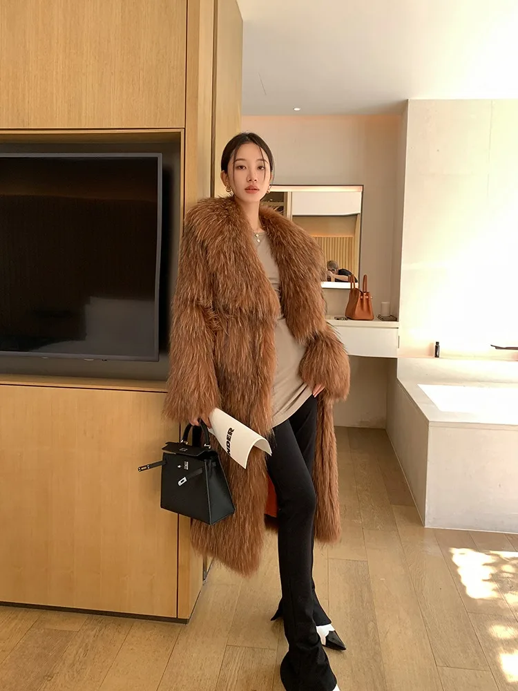 Luxury Clothes Winter New Imported Raccoon Fur Coat Natural Fluffy Fur Jacket Ladies Fashion Streetwear Women's X-Long