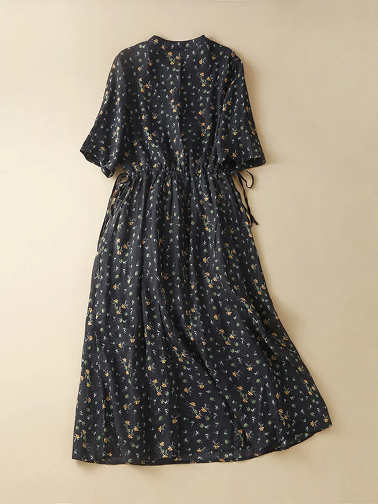 スリムフィット Vネック コットンリネン レディース Aラインスカート または Sve ミドル丈ガウン 花柄プリント 快適なゆったりウエスト