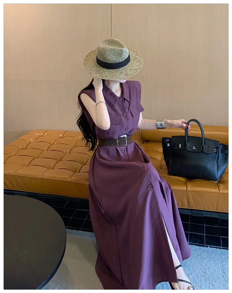 2025 Korean Style Turn-down Collar Single-breasted Sleeveless Long Purple Shirt Dress with Belt Women Elegant Fashion Summer New