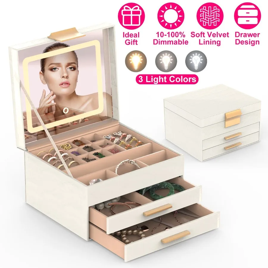 

Jewelry Box with LED Mirror 3Layer Jewelry Organizer with 2 Drawers PU Jewelry Holder with 3 Mirror Light Colors Dimmable for E