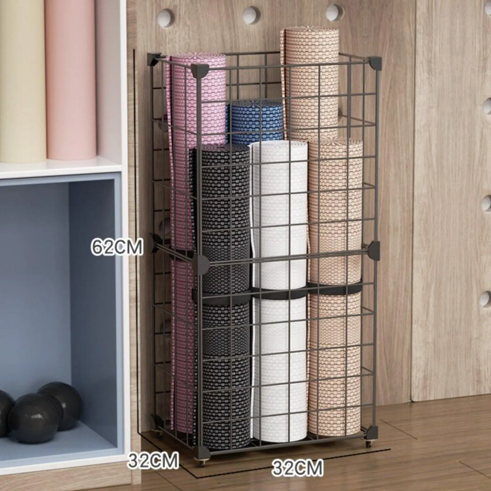 Iron Storage Basket Heavy Duty Multi Purpose Fitness Mat Holder Foldable Gym Equipment Organizer for Home Workout Room