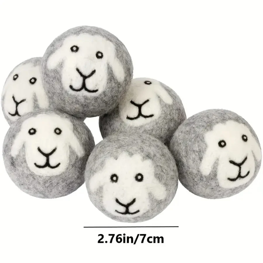 7cm (Gray Ball + White Sheep Pattern) 3-Pack Felt Ball Anti-Static Anti-Winding Wool Ball Gray Sheep Head Pattern Laundry Ball Wool Drying Ball Felt