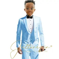 Boys Suits Sky Blue Long Tuxedo Blazer Pant Vest Tailcoat 3 Pieces 2-16 Years Old Kids Party Dress Piano Performance