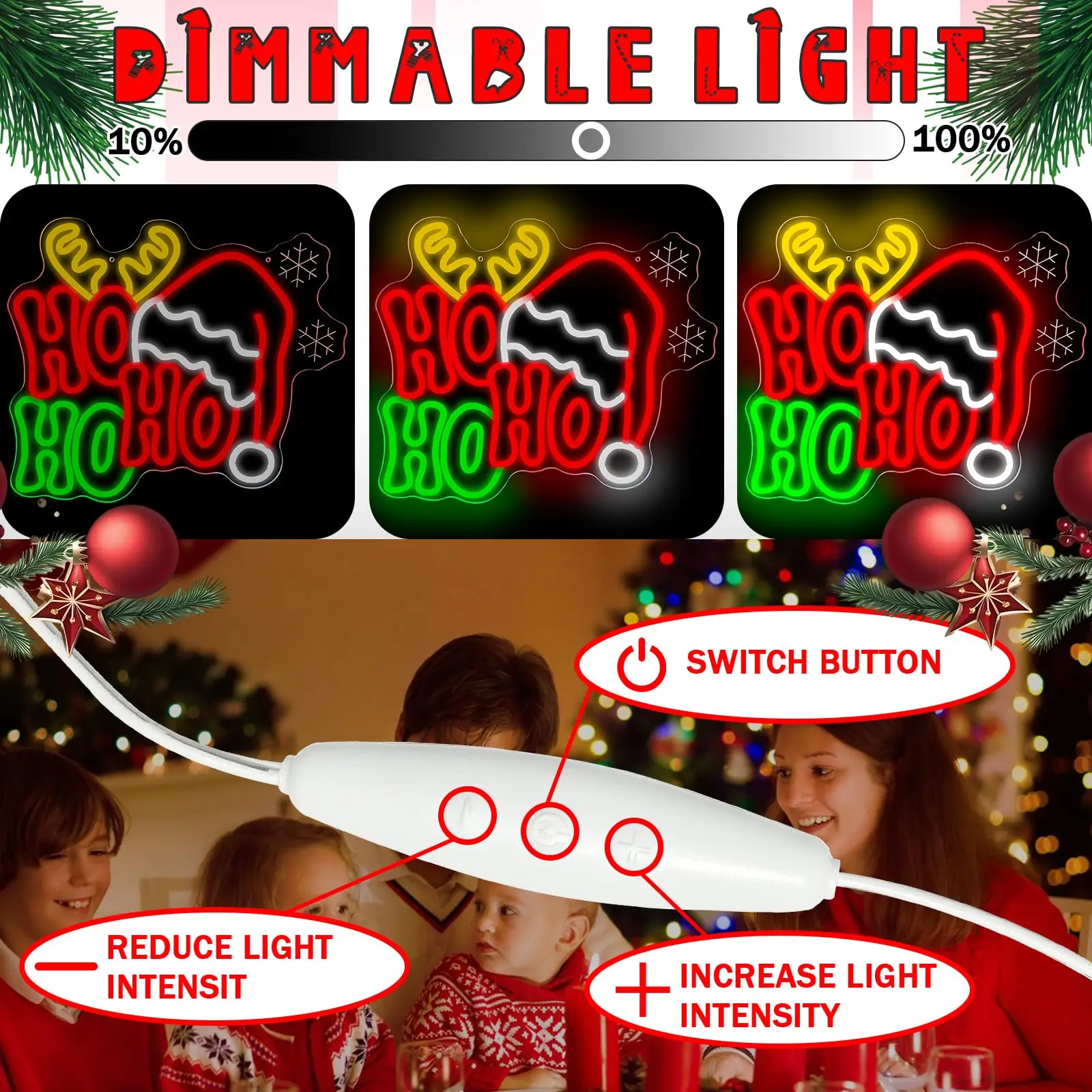 Merry Christmas Neon Sign for Christmas Decor Dimmable HoHoHo Santa Hat for Bedroom Home Party Window Holiday Parties Gift