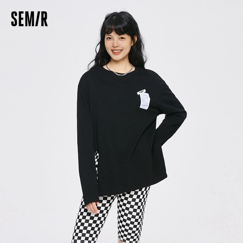 Semir Long Sleeve T-Shirt Women Cotton Round Neck Loose Personality 2022 Autumn New Design Asymmetric Pullover T Shirt