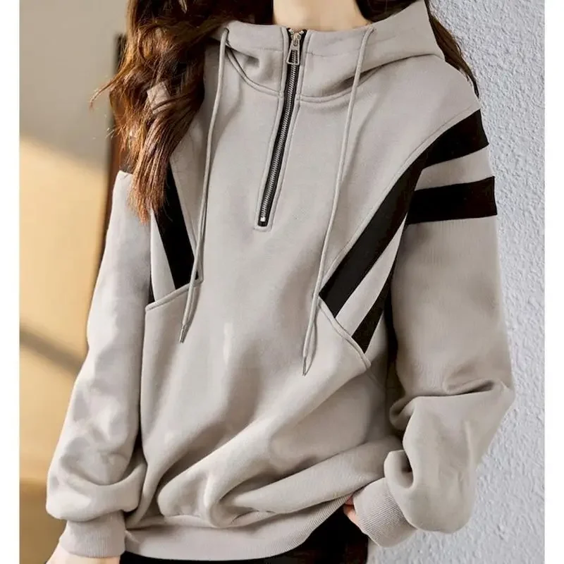 Cotton Hoodies Women Fashion Y2k Pullover Hoodie Half Zipper Loose Casual Hooded Coats Korean Style Minimalist Top Autumn Winter