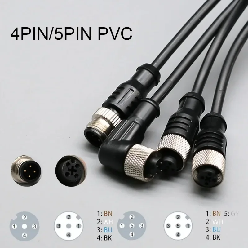 2m Line M12 4 5 Pins PVC LED IP67 Sensor Cable Connector Type A Socket Plug Waterproof Male&Female Straight Angle Flange