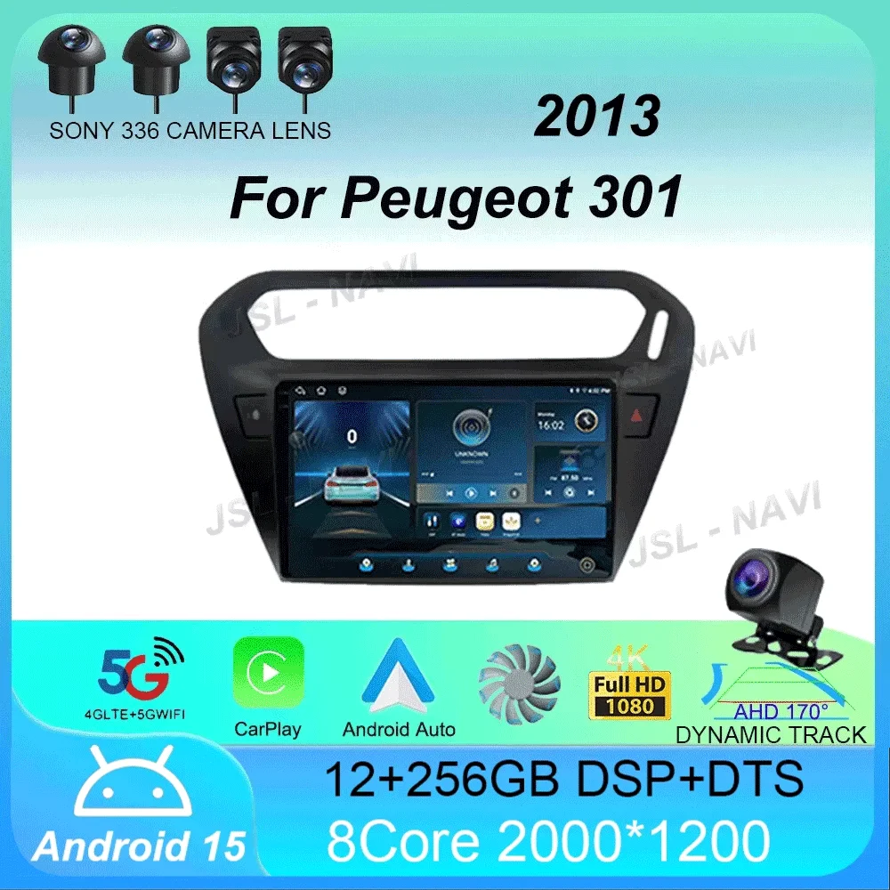 

Android 15 Car Radio Carplay Auto For Peugeot 301 For Citroen Elysee 2013 WIFI+4G Multimedia 360 Camera Player 2Din Stereo Video