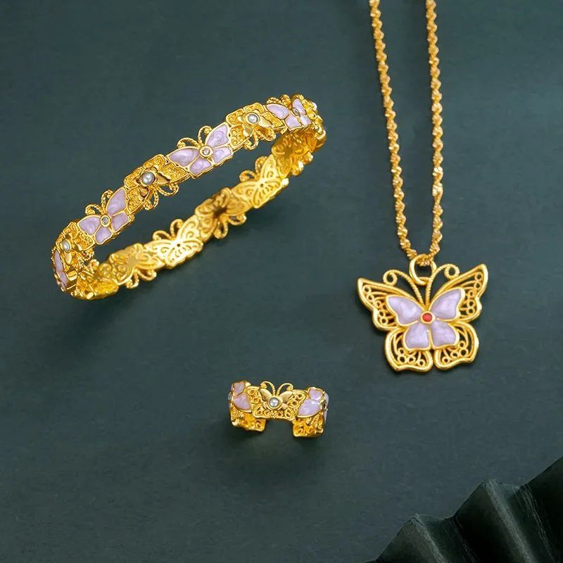 NovaGlod 9999 24K  gold fire-fighting butterfly girl three-piece set hollow inlaid pink shell necklace ring light luxury tempera