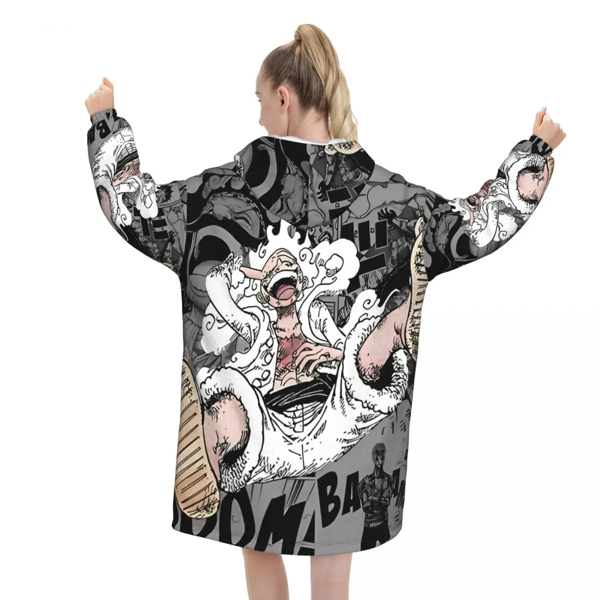 Luffy Gear One Piece Oversized Deken Hoodie Sweatshirt Lange Fleece Capuchon Draagbare Deken met Grote Zak voor Dames Heren