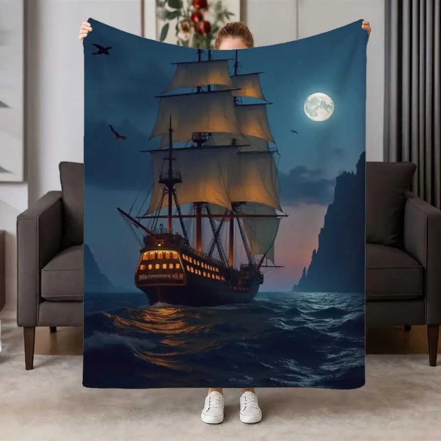 Majestic Moonlit Ship Flannel Throw Blanket - Soft & Warm Sailing Vessel Design with Starry Ocean Views, Ideal for Couch, Bed, Office & Travel, Perfect Vintage-Style Gift for Family & Friends, Machine Washable 2D Flat Weighted Blanket 280GS