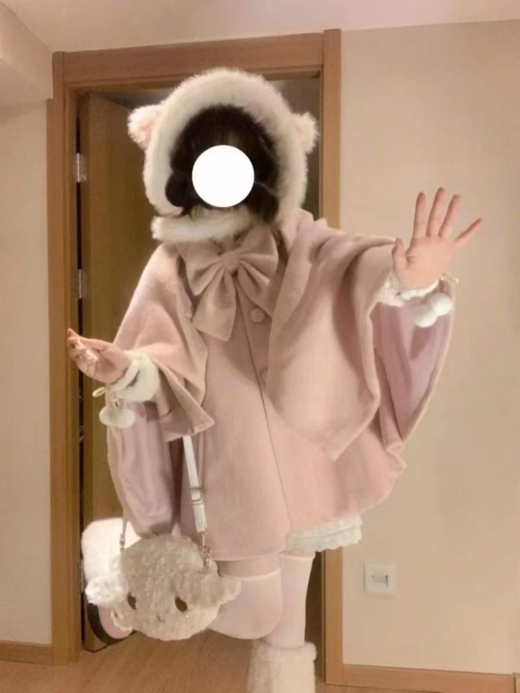 

Autumn Warm Korean Popular Women's Cape Coat Japanese Lolita Sweet Bow Slimming Magical Girl Designer Chic Ponchos Woman Clothes