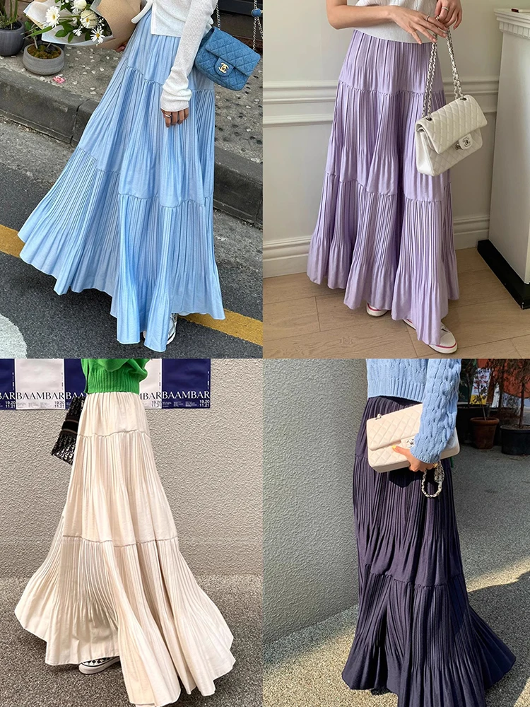 

Korean style Spring Summer Elegant Women's Skirt New Fashion Elastic Waist Loose Big Umbrella Long Skirts Solid Color Clothes