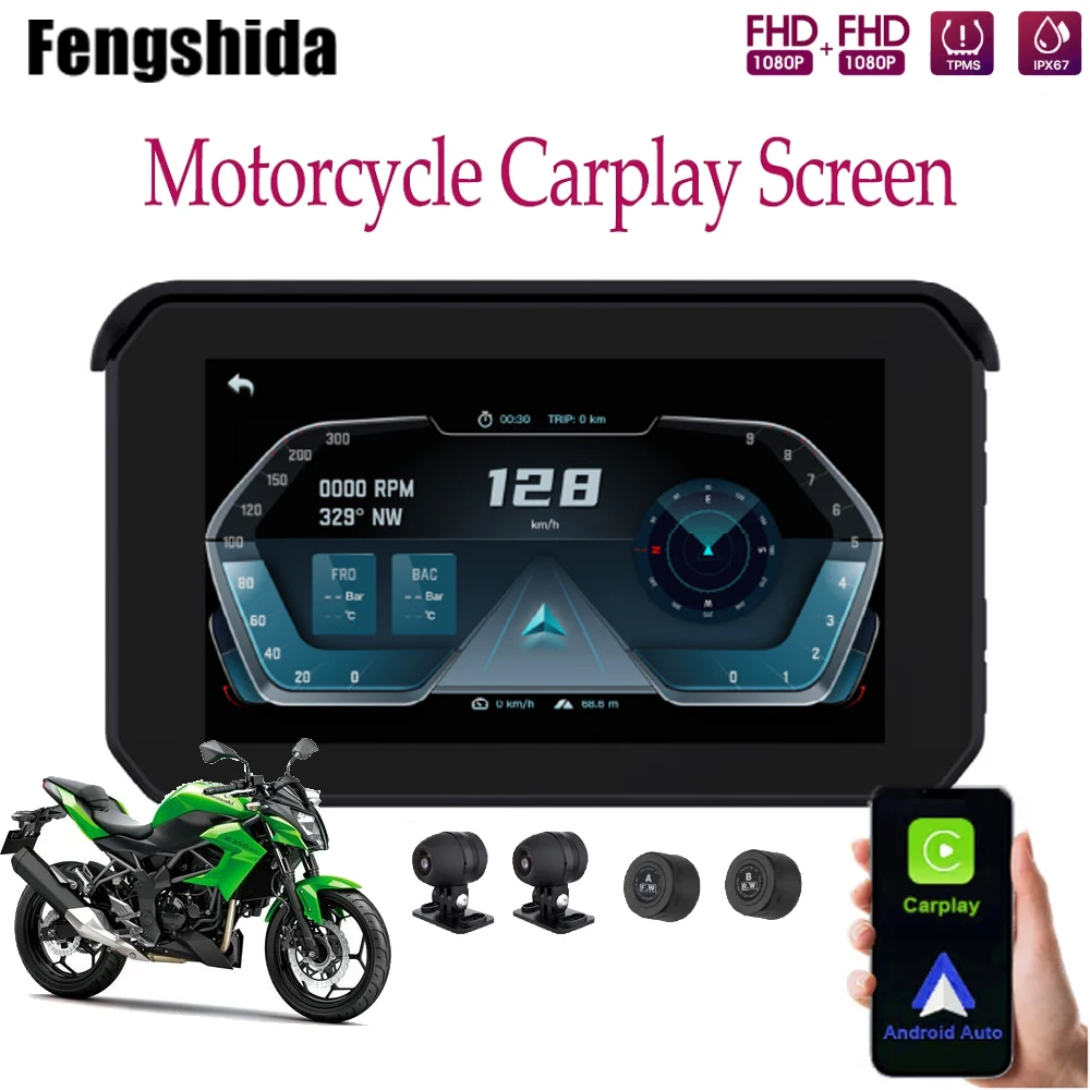 

Android-Auto GreenYi Motorcycle Carplay Waterproof 1080P 5 inch WiFi Wireless DVR Monitor Dash Cam GPS Navigation TPMS