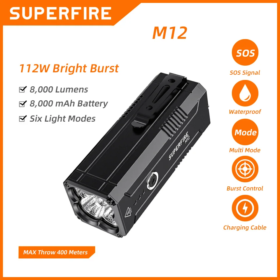 SUPERFIRE M12 112W 8000LM Super Bright Flashlight Type-C 8000mAh Battery Powerful Torch for Outdoor Camping Hiking Lantern