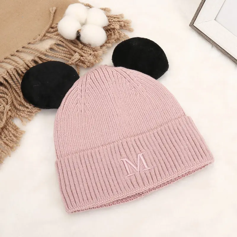 2022 new cartoon cute ear wool hat M letter embroidery knitted hat autumn and winter double-layer thickened warm hat