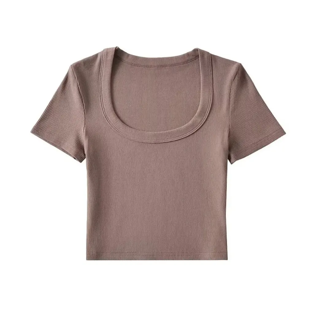 

YPFF Women's Sexy U-Neck Short Cropped Top European American Style Solid Color Pullover T-Shirt Fashionable Tight Fit T-Shirt
