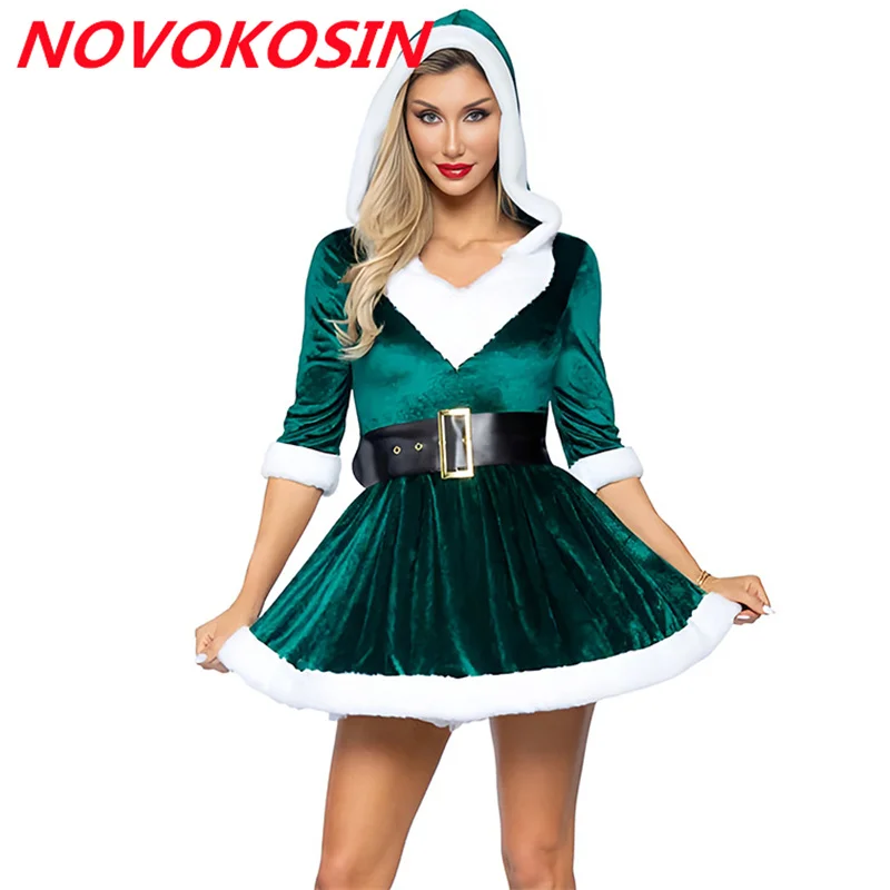 Green Red S-XL Christmas Women Cosplay Costume Sexy White Fur Velvet Short Dress With Hat Role-Play Uniform Include Petticoat