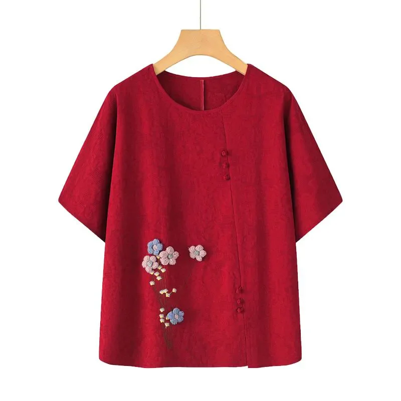 Middle-aged Elderly Mothers' Summer Embroidered Ethnic Retro Artistic Clothing Short-sleeved Thin Style For Women