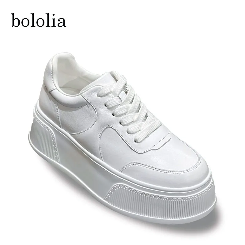 BOLOLIA Genuine Leather Women's Casual Sports Shoes Thick Bottom Heightening Fashionable Leisure Sneakers Flat Shoes