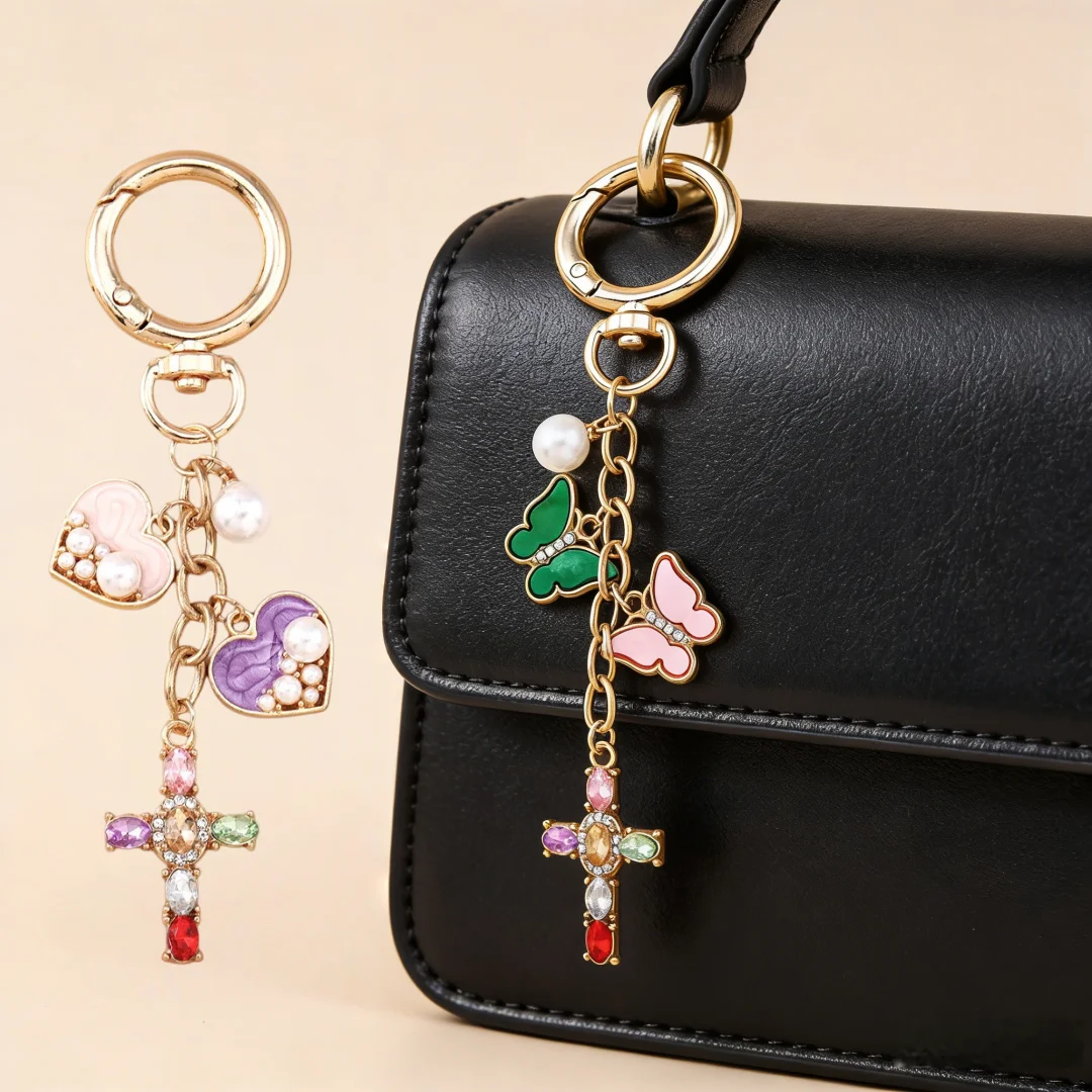 

10CM Cute Butterfly Cross Pendant Bag Charm Bling Rhinestone Keychain Purse Hanging Ornament for Women Handbag Decoration