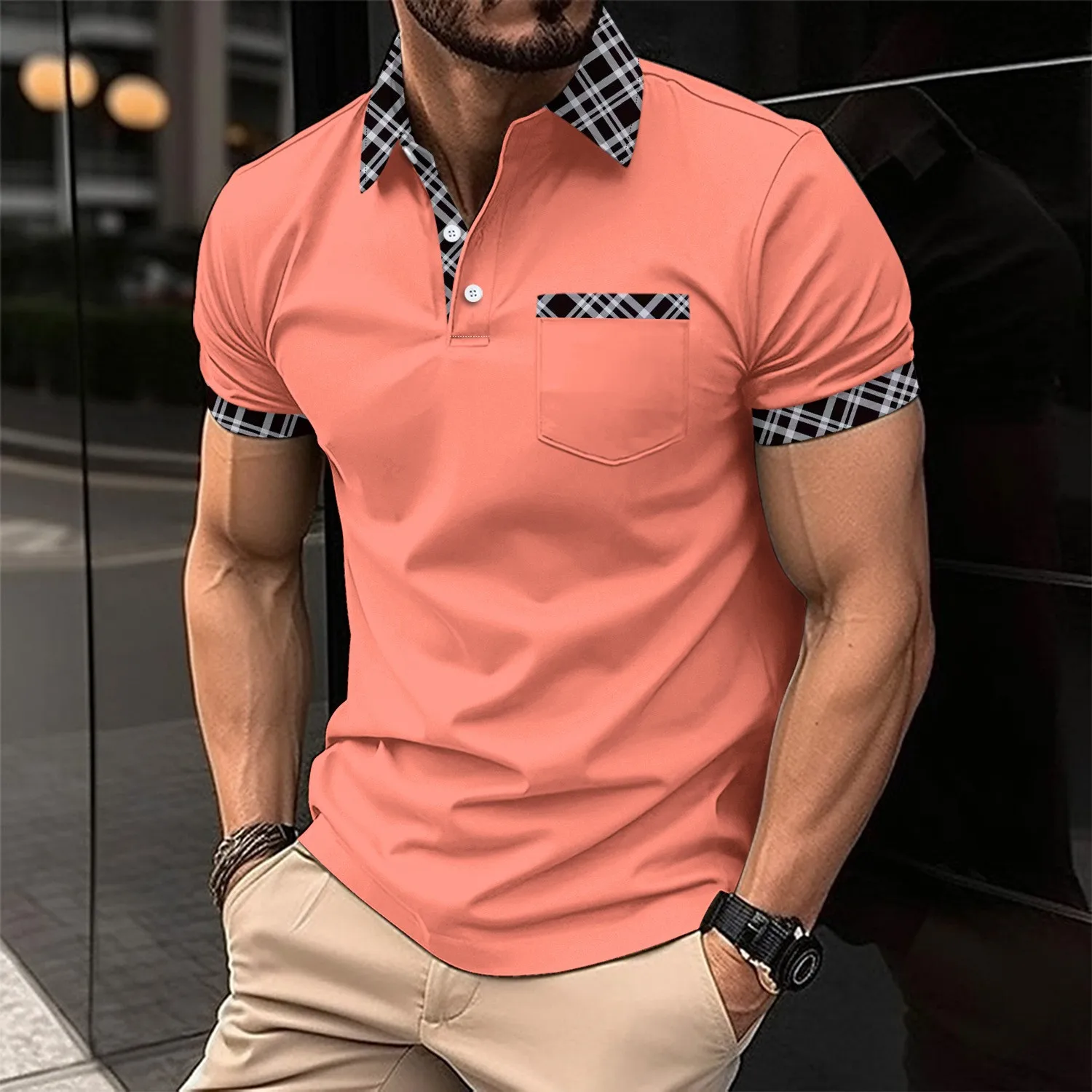 

Men's casual breathable comfortable POLO shirt with front pocket, business-style color combination, versatile and easy to wear