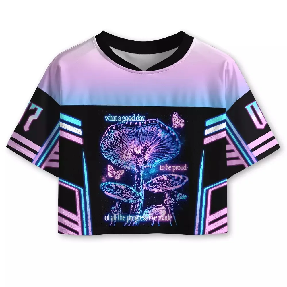 Y2K Football Jersey Pink Blue Gradient Neon Mushroom Butterfly Motivational Text Graphic V Short Sleeve Streetwear Sports Top