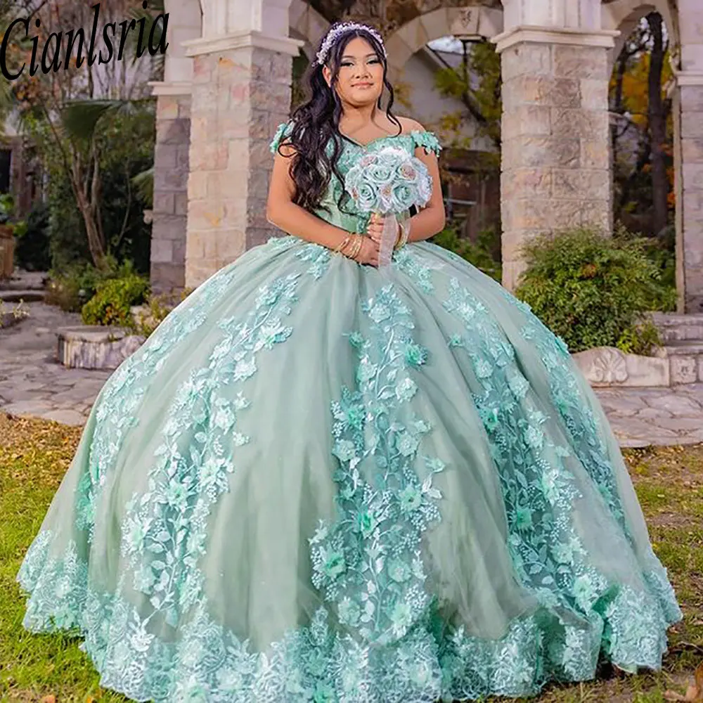 Gaun hijau Mint motif bunga 3D dari bahu gaun Quinceanera gaun pesta ulang tahun Formal renda applique gaun Princess manis 15 16