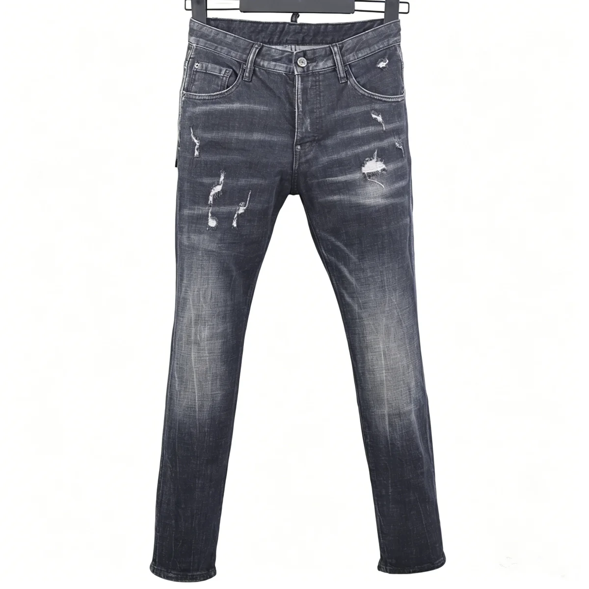 

6086 Four Seasons New Men's Jeans Washed Patch Black Slim Fit Small Feet All-match Paint Black Jeans for Men
