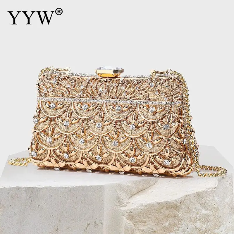 High Quality Gold Metal Clutch Bag Crystal Rhinestone Classical Evening Dress Handbag Diamond Clutch Purse Chain Shoulder Bag